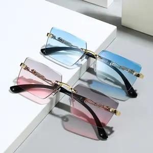 Sunglasses 2024 New European American Designer Frameless Square Leopard Decorative PC Sunglasses With Cut-Edge Personalities For Men Women