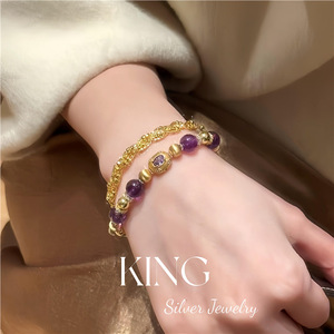 Purple Amethyst Bracelet With Gold Beads And Silver Jewelry For Women Everyday Wear - Product Image 4