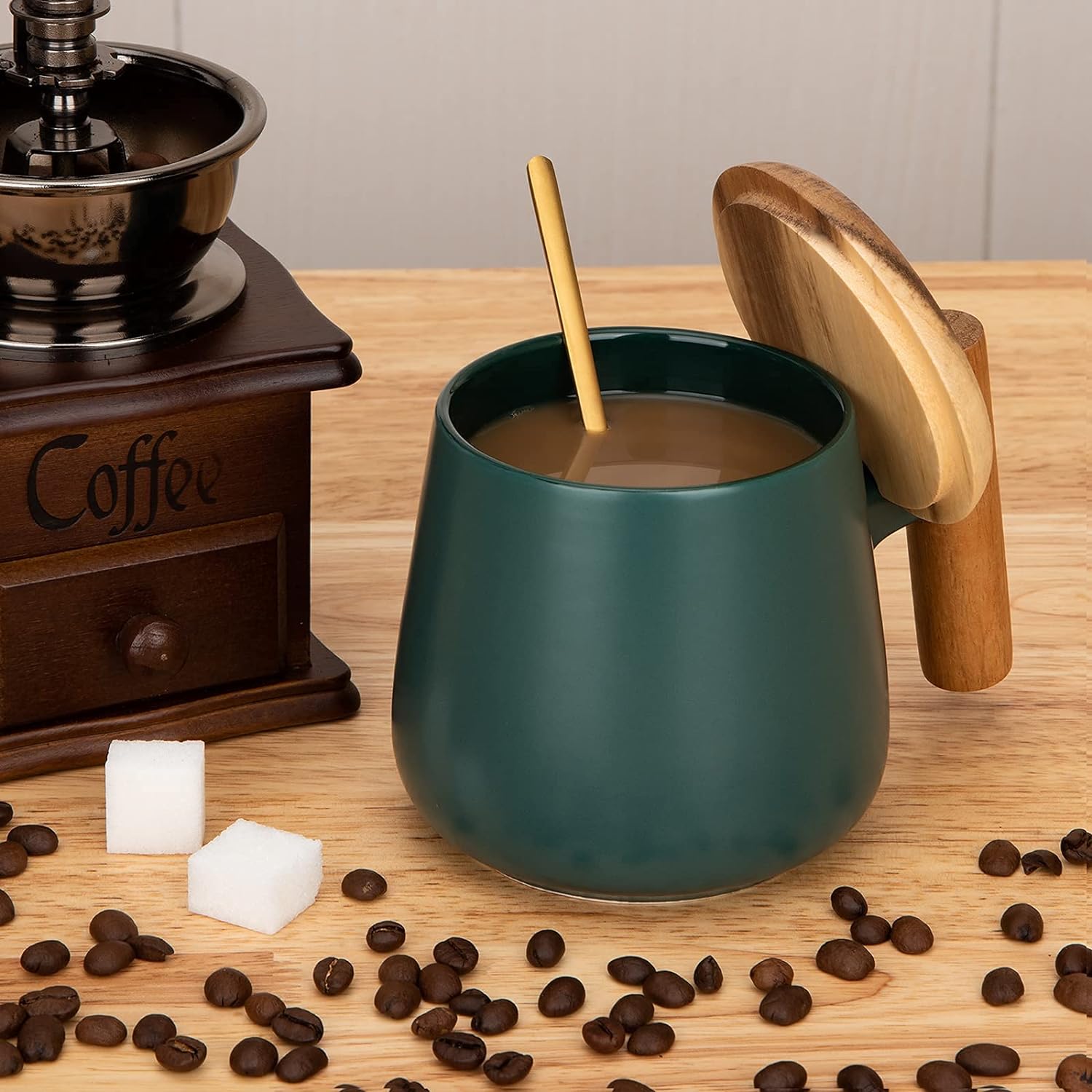 Wholesale 14 Oz Ceramic Coffee Mugs with Wood Lid & Spoon