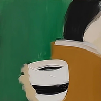 Femme lisant avec un café, peinture à l'huile peinte à la main sur toile, art mural intérieur minimaliste et calme