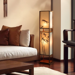 Lampe de sol carrée en bois massif avec peinture feuille de bambou, source lumineuse LED, commande par interrupteur, style zen rétro, pour salon ou salle de thé - Product Image 3