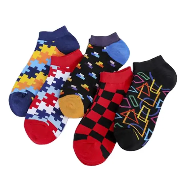 hot sale cool puzzle geometric building blocks check ankle cotton socks for men