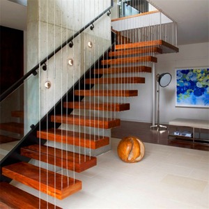 Scala galleggiante moderna di lusso con gradini in legno <span class=keywords><strong>e</strong></span> ringhiera in vetro temperato senza cornice - Product Image 3