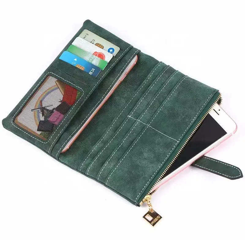 กระเป๋าสตางค์แบบยาวพับสองชั้นสำหรับผู้หญิงยาวทำจากหนัง PU RFID มีซิปสำหรับใส่บัตรเงินสดกุญแจเหรียญ
