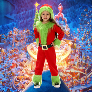 Disfraz de Monstruo Verde Navideño para Niños, Traje de Actuación Rojo con Pelaje Verde, 5-7 Años, Disfraz Festivo - Product Image 1