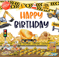 Bouw- en bouwmachines thema verjaardagsfeestje: betonwagen, graafmachine, armbandjes, sleutelhangers, stickers, mini auto's, cadeautjes, goodie bags, attenties