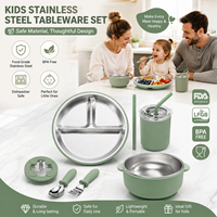 Ensemble de vaisselle pour bébé en acier inoxydable 304 et silicone, comprenant un bol à ventouse, une assiette compartimentée, une tasse, une cuillère et une fourchette pour tout-petits