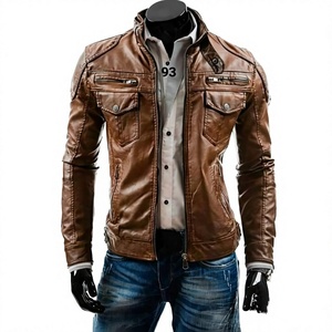 BS International NA227 Blouson d'hiver en cuir naturel marron, imperméable et coupe-vent, col mandarin, fermeture éclair frontale, style Racer - Product Image 4