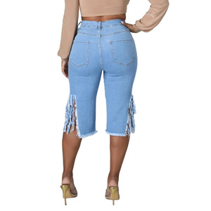 Pantalones Vaqueros YUANBOFEI para <span class=keywords><strong>Mujer</strong></span>, Cintura Alta, Lavados, Elásticos, Rotos, con Borlas, <span class=keywords><strong>de</strong></span> Cinco Puntos, para Uso Diario - Product Image 2
