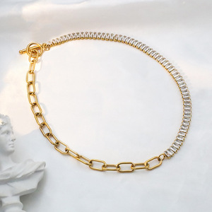 Gold Chain Spliced Zircon Necklace With Channel Setting Geometric Design For Everyday Wear 37cm Length - Product Image 3