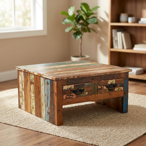 Mesa de Centro Cuadrada de Estilo Industrial Moderno Vintage, de Madera Maciza Reciclada, Plegable, Ecológica, para Sala de Estar, Estilo Rústico - Product Image 2