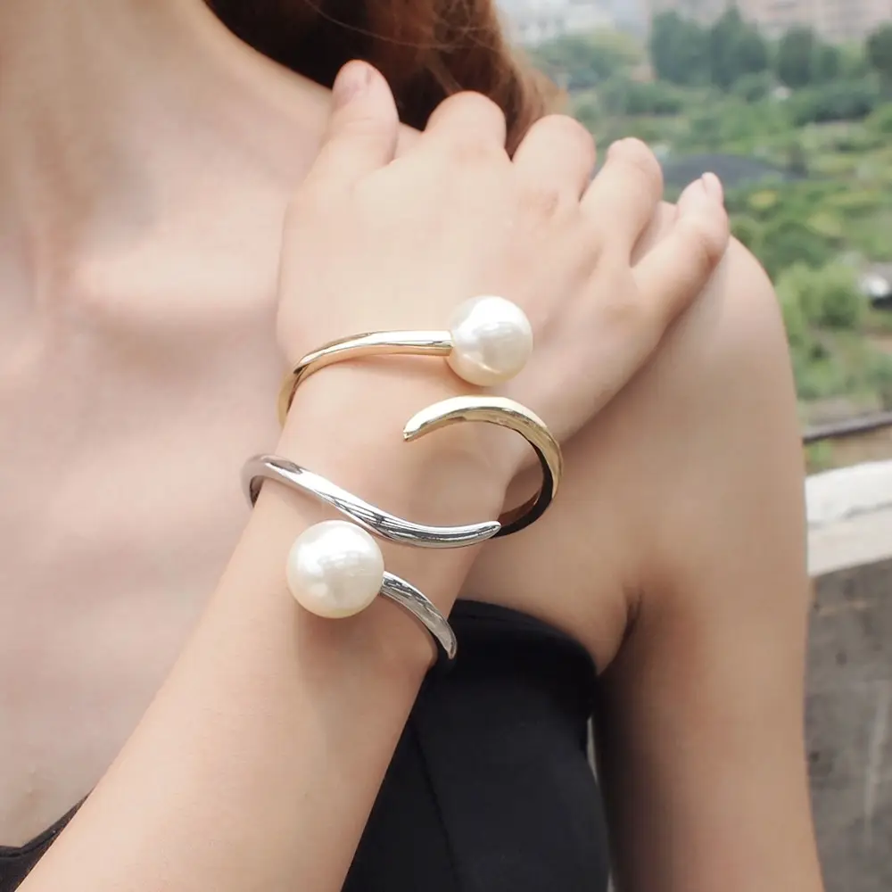Hansidon pulseira de pérola simulada chique, pulseira com manga geométrica, liga artesanal, moda feminina, declaração, joia