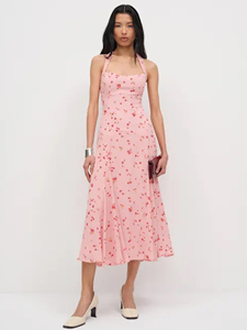 Robe longue évasée rose à imprimé floral pour <span class=keywords><strong>femme</strong></span>, col halter, sans manches, style streetwear, <span class=keywords><strong>tenue</strong></span> de <span class=keywords><strong>soirée</strong></span> élégante et formelle pour l'été - Product Image 1