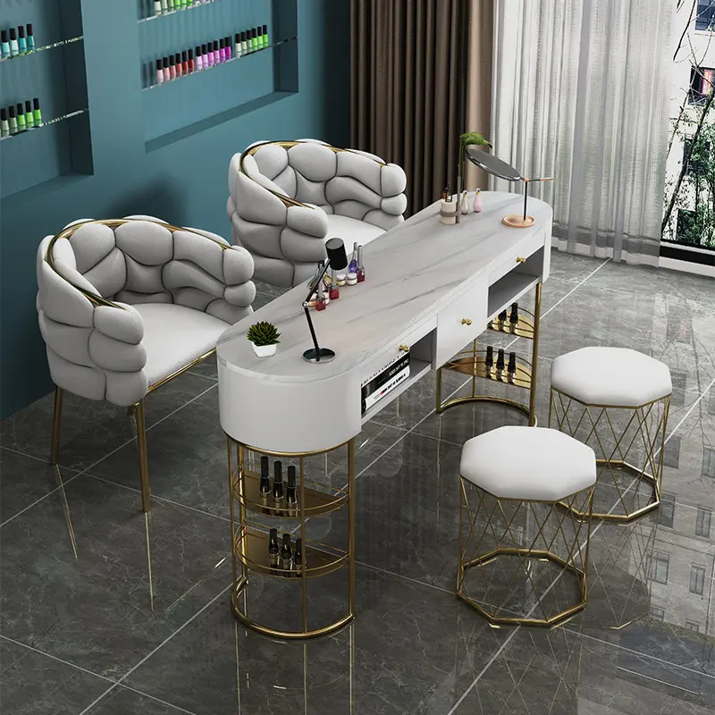 Tavolo per unghie in marmo a doppia seduta con struttura in oro per salone di bellezza in metallo