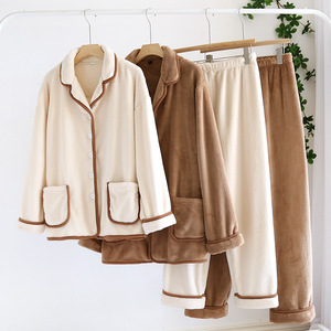 Conjunto de <span class=keywords><strong>Pijama</strong></span> para parejas, ropa de dormir de invierno, lisa, de franela, de manga larga, gruesa, cálida, para el hogar - Product Image 1