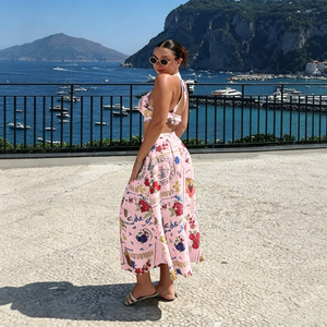 Women's 2 Piece Boho Floral Woven Halter Sleeveless Short <b>Crop</b> <b>Top</b> and Midi Skirt Set Vintage High Waist Summer Outfit - Product Image 1
