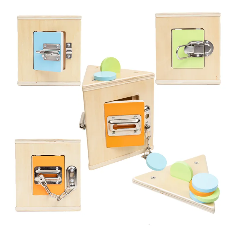 Toddlers Montessori Mechanisms Educational Learning Play Toys Busy activity latches Board Wooden Lock Box with Storage Key