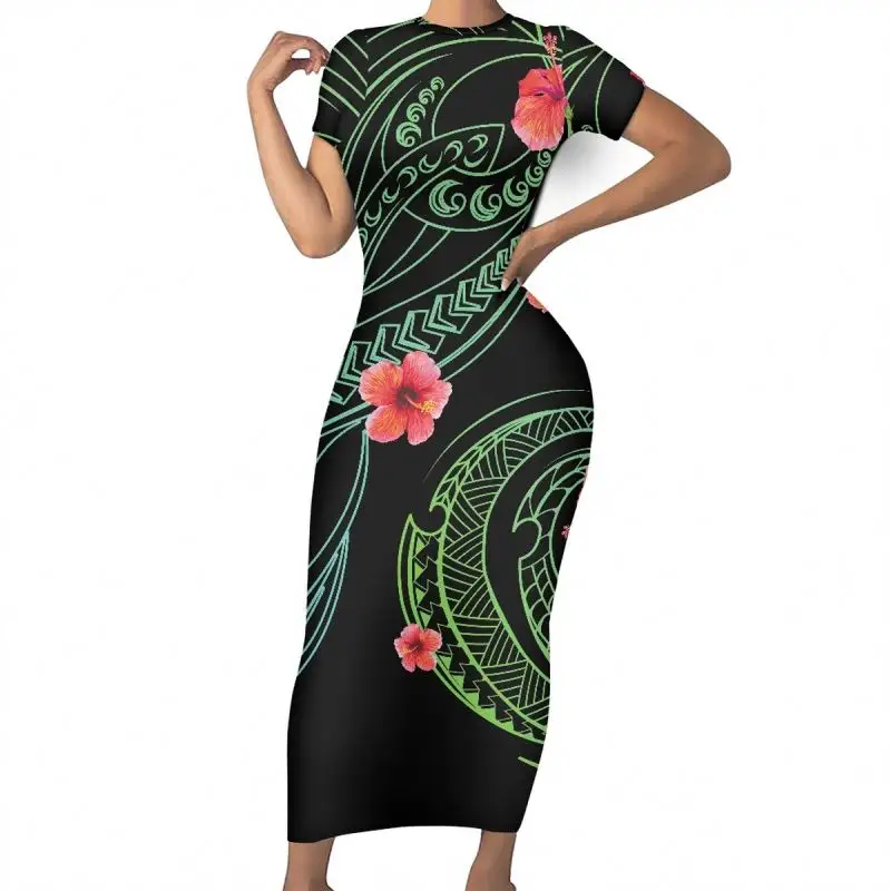 Vestidos Elegantes de manga corta para mujer, ropa informal de talla grande, estampado Tribal polinesiano con Hawaiano, venta al por mayor, novedad de verano