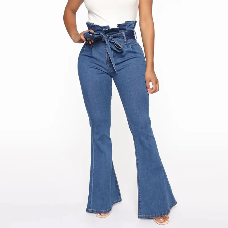 Calça jeans feminina sexy, cinto alto de jeans elástico e azul