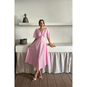 Robe Courte Décontractée en Lin de Haute Qualité à Col en V - Rose Uni Tendance avec Boutons sur le Devant et Pompons, Taille Unique XS-XL pour Fête de Jour Printemps - Product Image 1