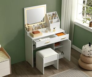 Caja de almacenamiento de maquillaje de tocador blanca con 3 <span class=keywords><strong>cajones</strong></span> Silla cómoda Toma de corriente Soporte para secador de pelo Iluminación LED de 3 colores para dormitorio - Product Image 5
