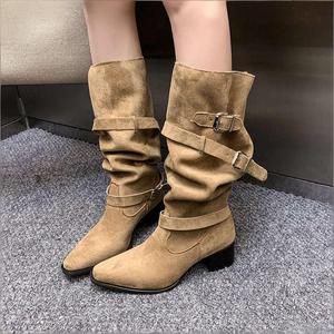 Pointed Toe Forest Girl <strong>Boots</strong> Women Chunky Heel Slimming Ruched <strong>Slouch</strong> 2026 Spring Autumn Rubber Outsole Over-the-knee Long - Product Image 1