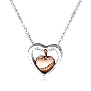 Stainless steel personalized double heart rose gold pendant cremation urn necklace for ashes commemorate