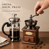Moulin à café manuel vintage en bois avec tiroir et presse française, plateau en laiton à manivelle, cadeau rétro pour barista à domicile