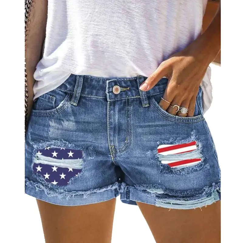 MOTE-ZC589 Hot Sale Summer Jeans Shorts Women Casual Plus Size Ladies Ripped American Flag Denim Shorts