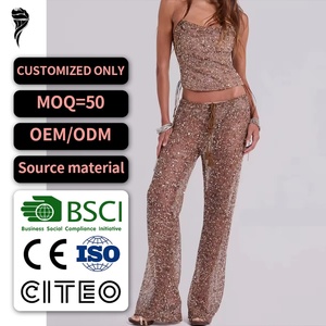 Vente en gros de hauts et pantalons à paillettes sexy et ajustés pour femmes, ensemble élégant à taille haute pour femmes, ensemble 2 pièces pour femmes - Product Image 1