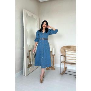 Vestido vaquero azul con mangas abullonadas, cuello cuadrado, corte en A, estilo vintage, transpirable, de longitud media para mujer - Product Image 5