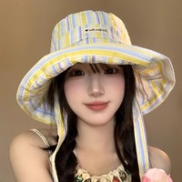 Topi Bucket Bergaris Lucu Gaya Korea Topi Pelindung Matahari Keluaran Baru Musim Panas Topi Pelindung Matahari Bertepi Lebar Kasual Serbaguna Tipis