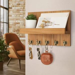 Wooden mail and key <b>rack</b>, wall-mounted hallway decoration, entryway, letter, <b>glasses</b>, postcard, and umbrella holder. - Product Image 1
