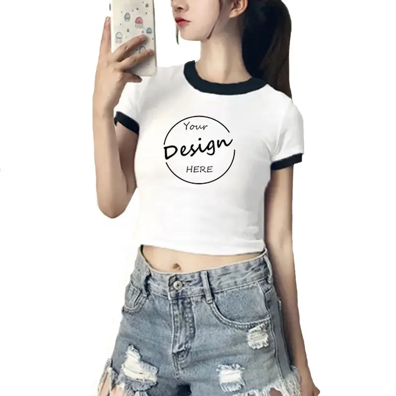 High Quality Two Color Ladies Custom Logo Design Custom Cropped T-shirt Women's Tops Blank White Crop Top For Women