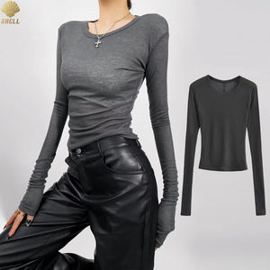 CNSHELL Cuello redondo Alta elasticidad Ver a través de tela transparente Costura trasera Slim Fit Camiseta de manga larga de una sola capa Top para mujer - Product Image 2