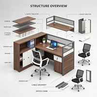 Poste de travail de bureau en L commercial avec armoire de rangement, écran de confidentialité et chaise en maille pour entreprise à domicile