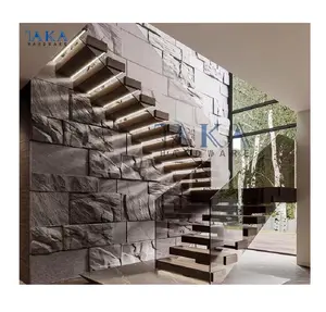 Factory Direct Floating Straight Staircase With Marble Tread and Frameless Glass Railing Floating Stairs