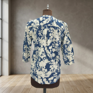 Blusa de Mujer con Estampado Floral, Cuello Mandarín, Manga Tres Cuartos, Botones, Informal, Primavera Verano, Popelina de Algodón - Product Image 4