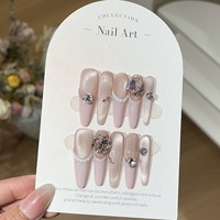 Laisense Faux ongles à presser, style français, rose diamant, mignons et doux, féminins, avec perles de verre brillantes et effet œil de chat