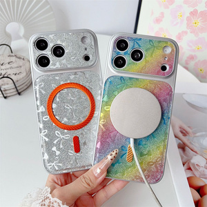 เคสโทรศัพท์มือถือแม่เหล็กแบบมีโบว์กลิตเตอร์สีรุ้งสุดหรู สำหรับ iPhone 18 17 16 15 Pro Max  ลายนูนวิบวับไล่เฉดสีเลเซอร์ ฝาหลัง - Product Image 4