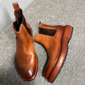 Bottines Chelsea pour hommes en cuir marron à talon bas, style britannique rétro, semelle rembourrée, à enfiler, décontractées - Product Image 3