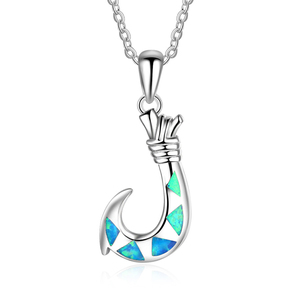 Hawaiian Jewelry Rhodium Plated S925 Sterling Silver Opal Fish Hook Pendant Necklace for Women's Fine Jewelry <b>Gifts</b> - Product Image 1