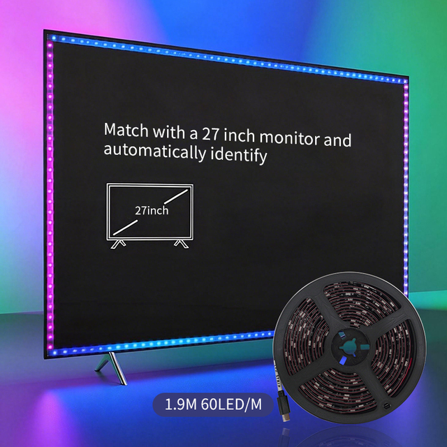 Joystar IP65 Plastic 4K TV for Sync Box RGB LED Strip Light Kit with 60LEDs/m 1.9m Length for 27-Inch TVs
