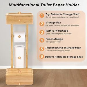 Porte-papier toilette en bois, support de rangement pour salle de bain en bambou sur pied avec boîte à mouchoirs et plateau pour téléphone, design multi-niveaux polyvalent - Product Image 5