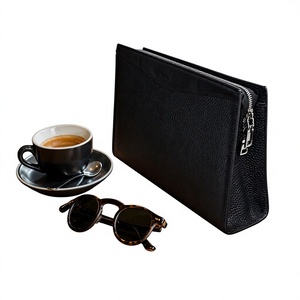 Minimalist Black Genuine Leather Waterproof Zipper <b>Clutch</b> <b>Bag</b> Unisex Daily Life - Product Image 1