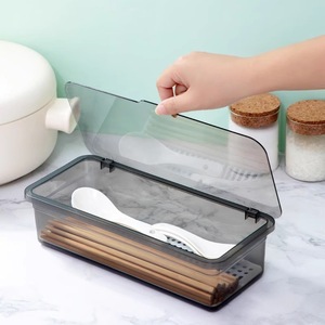 Rectangular Chopstick Holder With Flip Top Dustproof Transparent Drainer For Tableware Storage 27x12x7cm - Product Image 3