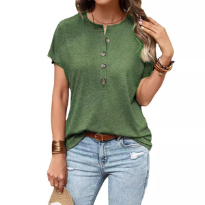 T-shirt femme à manches courtes, couleur unie, respirant, absorbant la transpiration, boutonné, tendance - Product Image 4