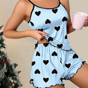 Women's Comfortable Casual Summer Pajama Set <strong>Pink</strong> Heart-Shaped Print Neck T-Shirt Ice <strong>Silk</strong> <strong>Top</strong> with Front Logo T-Shirts Shorts - Product Image 4