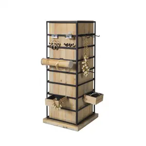 Wooden Foldable Jewelry Display Stand with Removable 32 Hooks and
