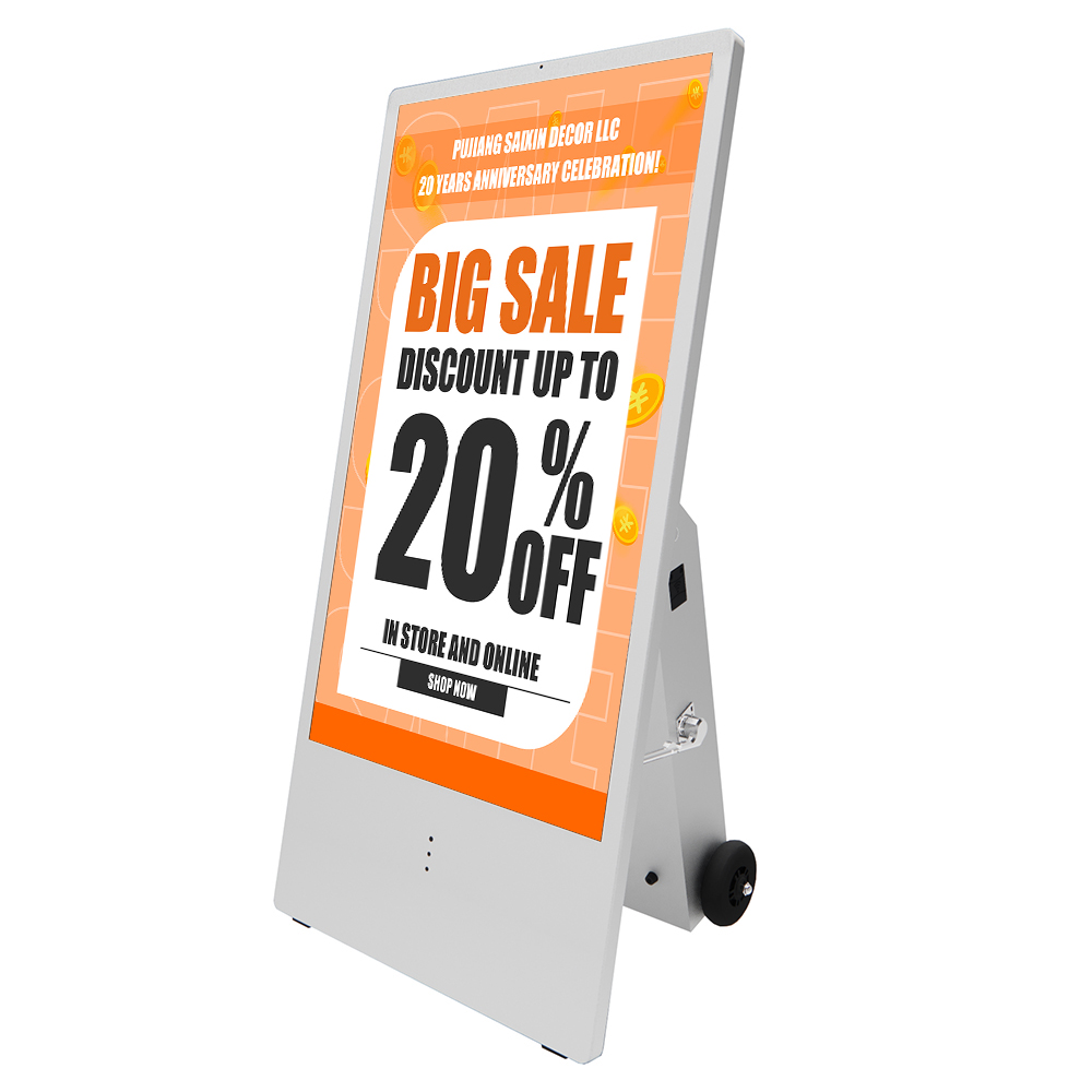 Portable Digital Advertising Screen With Stand 32 Inch Digital Signage Display Smart Advertising Player White Power Battery